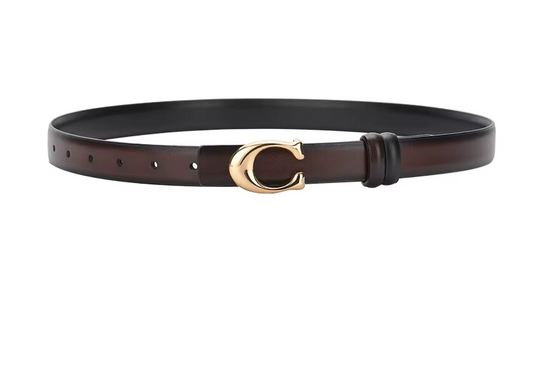 Brown leather belt with a gold buckle on a white background