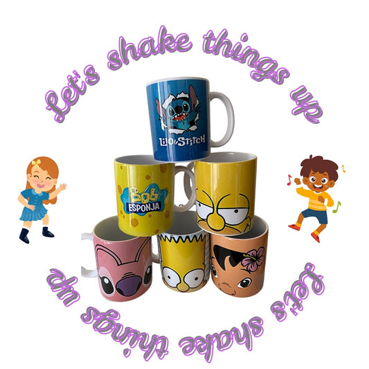 A collection of ceramic sublimation mugs with various colorful character designs, stacked together.