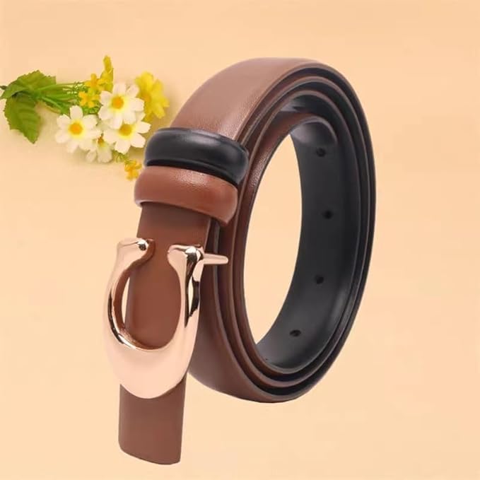 Brown belt with a gold buckle on a beige background