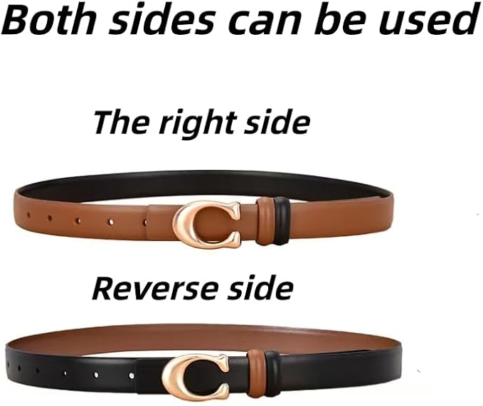 Brown and black belt with gold buckle showing both sides on a white background.