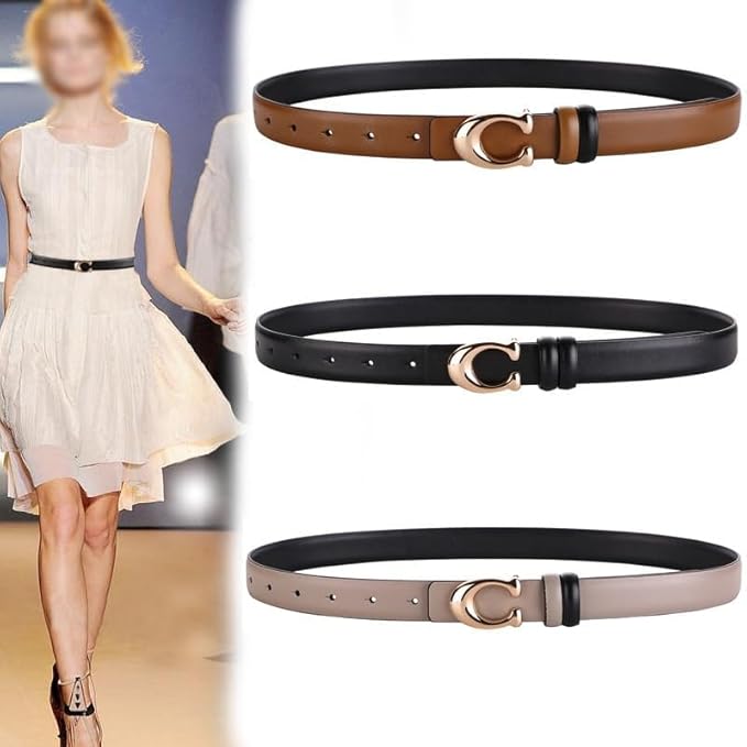 Three belts in brown, black, and beige with a gold buckle on a plain background.