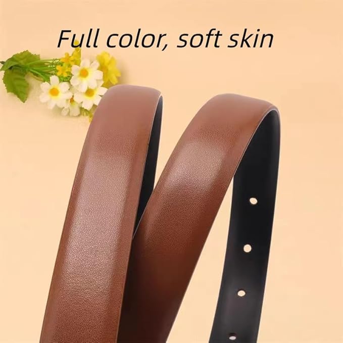 Brown leather belt with visible stitching on a beige background with flowers.