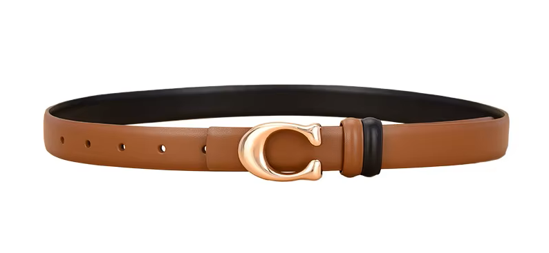 Brown leather belt with gold buckle on a white background