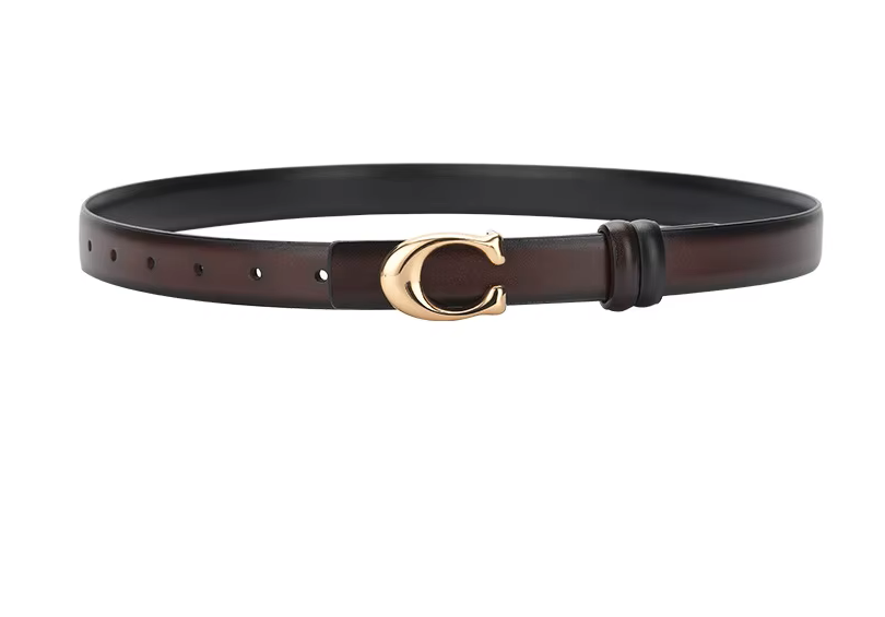 Brown leather belt with a gold buckle on a white background