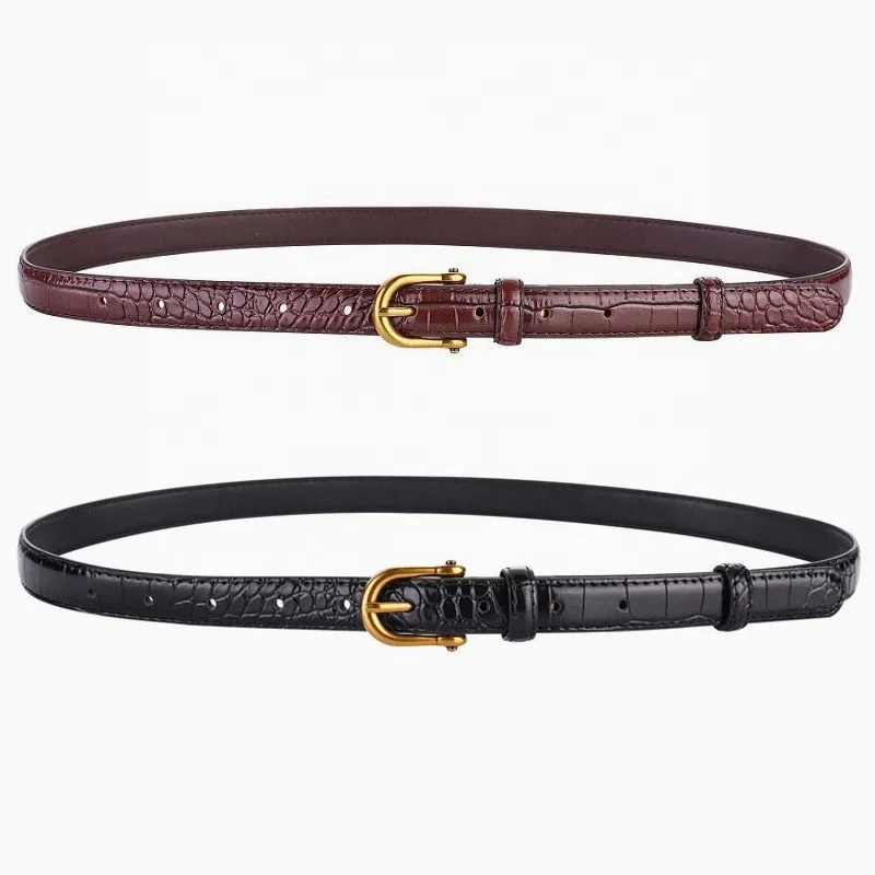 Two belts, one brown and one black, with gold buckles on a white background.