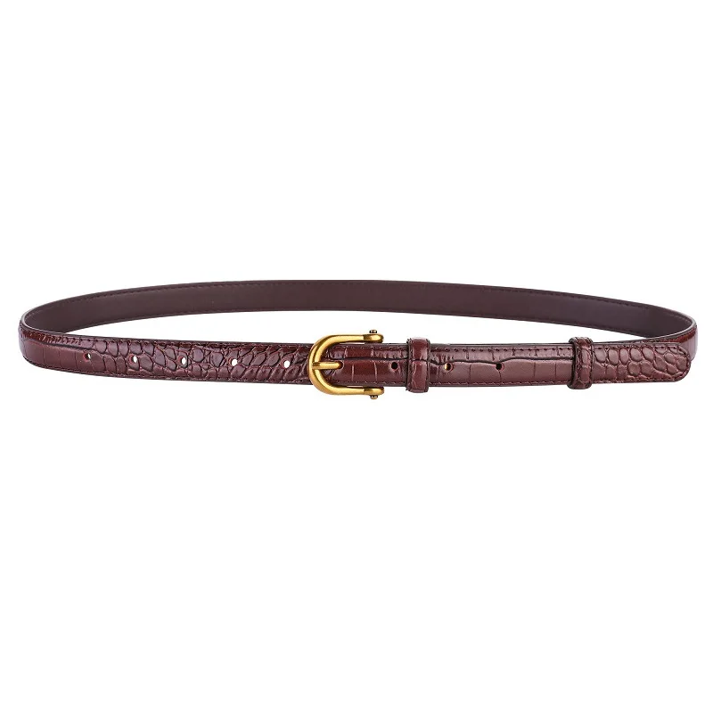 Brown leather belt with a gold buckle on a white background