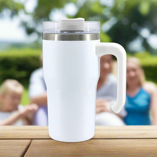 A white stainless steel double-walled travel mug with a handle and a clear lid.