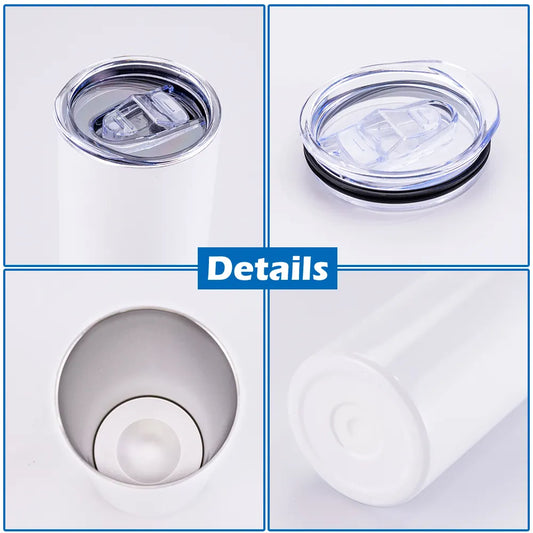 A set of four detailed images showcasing a white stainless steel tumbler with a lid and straw. The images display the tumbler's exterior, interior, and close-up views of the lid and straw.